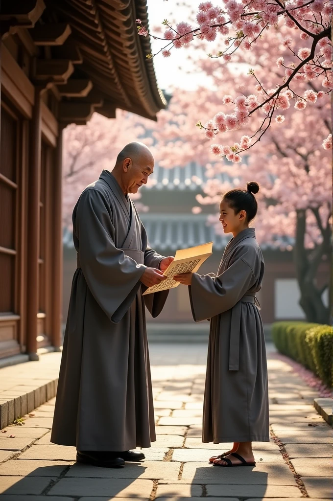 Korean monk passing the scroll to a student