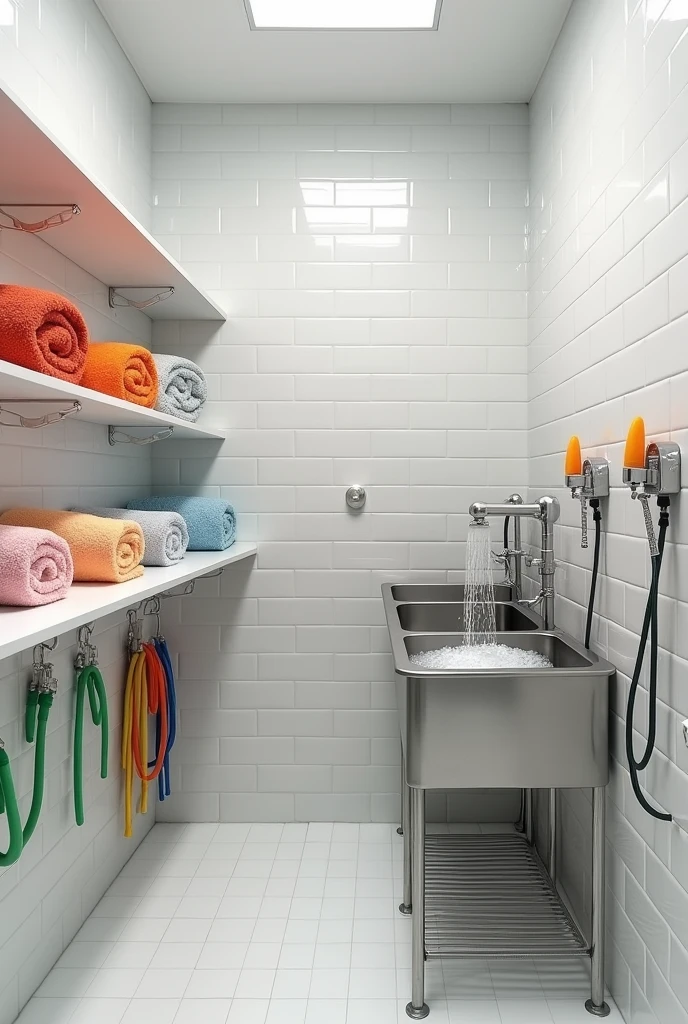 Dog washing room with withe tiles, water hoes hanging in the wall, add dog washing equipment and product 