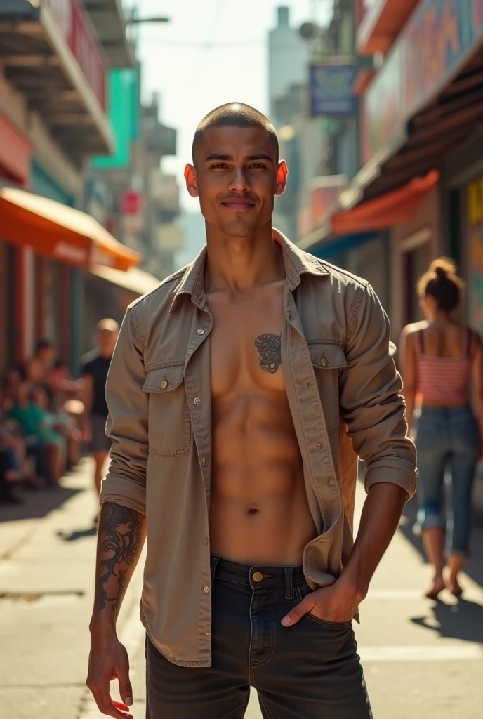19 year old Asian man takes off his shirt, has his head and eyebrows shaved until he is bald.