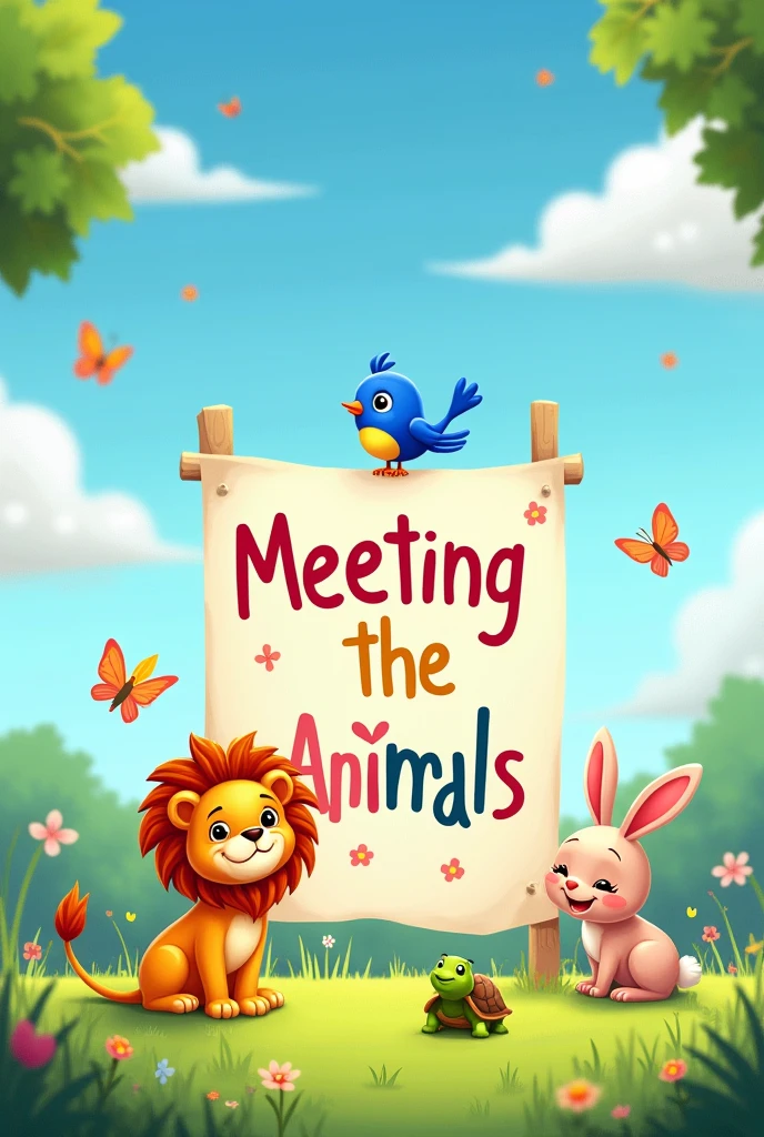 A cheerful scene in a sunny clearing. At the center, a colorful poster displays the name “Meeting the Animals” in large, friendly letters. ao redor, there is a little lion, a turtle and a bunny, all with happy and curious expressions. A little blue bird is perched on top of the poster, and some colorful butterflies fly around. The background is a simple green grass area with some flowers and small trees., under a blue sky with fluffy clouds.
This illustration is clear, vibrant and inviting, ideal for attracting your channel's audience.