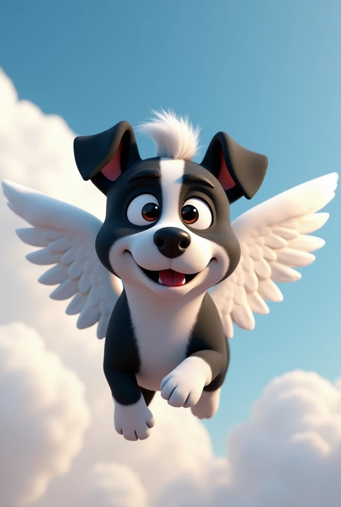 personagem de cachorro grown-up, mix with pitbull, large ears, eyes black, grown-up, hair around the eyes black, white snout, half black body, around the neck, chest and front legs all white, black ears, long snout, cachorro grande grown-up, comprido, with very short hair, very short coat, with white angel wings, flying with sky and clouds background, animation character, stylized character, animation style rendering, 3d stylized, Arnold Maya rendering, Stylized 3D rendering, toon render screenshot, 3d character, 3d character, Stylized 3D rendering, 3D character rendering, cartoon character, Personagem de close up, character posing, (Pixar-style) (master part:1.2) (bokeh) (best quality) (skin detailed) (detailed texture) (8k) (Argilla) (cinematic lighting) (sharp focus