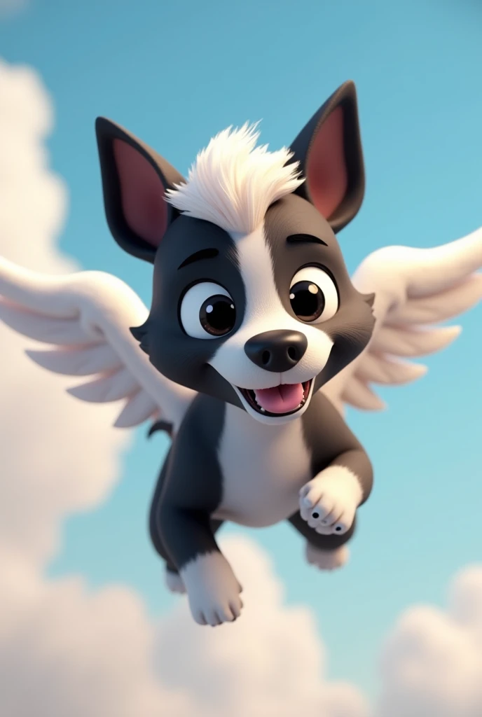 personagem de cachorro grown-up, mix with pitbull, large ears, eyes black, grown-up, hair around the eyes black, white snout, half black body, around the neck, chest and front legs all white, black ears, long snout, cachorro grande grown-up, comprido, with very short hair, very short coat, with white angel wings, flying with sky and clouds background, animation character, stylized character, animation style rendering, 3d stylized, Arnold Maya rendering, Stylized 3D rendering, toon render screenshot, 3d character, 3d character, Stylized 3D rendering, 3D character rendering, cartoon character, Personagem de close up, character posing, (Pixar-style) (master part:1.2) (bokeh) (best quality) (skin detailed) (detailed texture) (8k) (Argilla) (cinematic lighting) (sharp focus