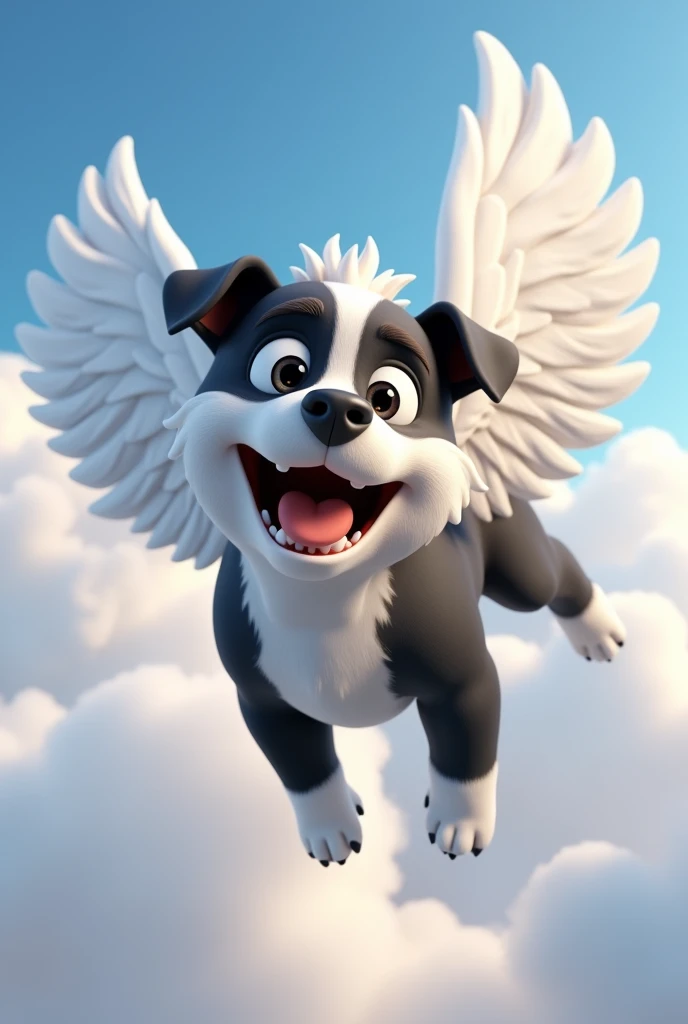 personagem de cachorro grown-up, mix with pitbull, large ears, eyes black, grown-up, hair around the eyes black, white snout, half black body, around the neck, chest and front legs all white, black ears, long snout,  cachorro grande grown-up, comprido, with very short hair, very short coat, with white angel wings, flying with sky and clouds background, animation character, stylized character, animation style rendering, 3d stylized, Arnold Maya rendering, Stylized 3D rendering, toon render screenshot, 3d character, 3d character, Stylized 3D rendering, 3D character rendering, cartoon character, Personagem de close up, character posing,  (Pixar-style) (master part:1.2) (bokeh) (best quality) (skin detailed) (detailed texture) (8k) (Argilla) (cinematic lighting) (sharp focus