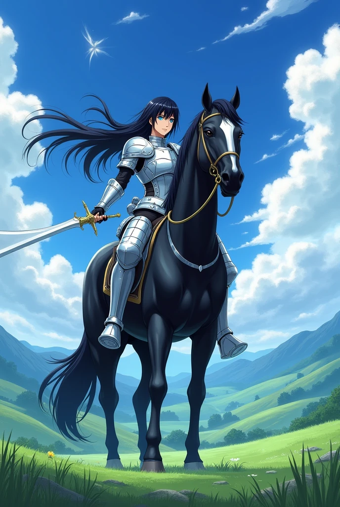 Kaome Higurashi a brave and beautiful warrior who uses a silver armor, black hair, blue eyes and turgid body, He carries a sword on his black horse