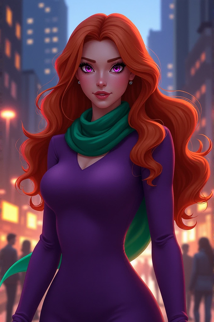Make me Daphne from Scooby Doo (Don&#39;t Take Into Account The Velma Series) Like a real-life woman and also make the iris of her eyes violet