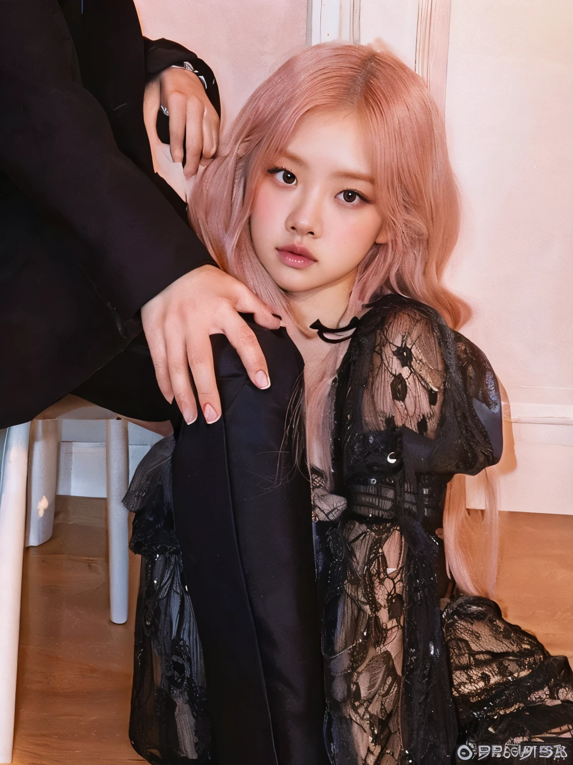 Rose BLACKPINK, porcelain white skin, long brown hair, big doll eyes, thick lips and freckles on the face
