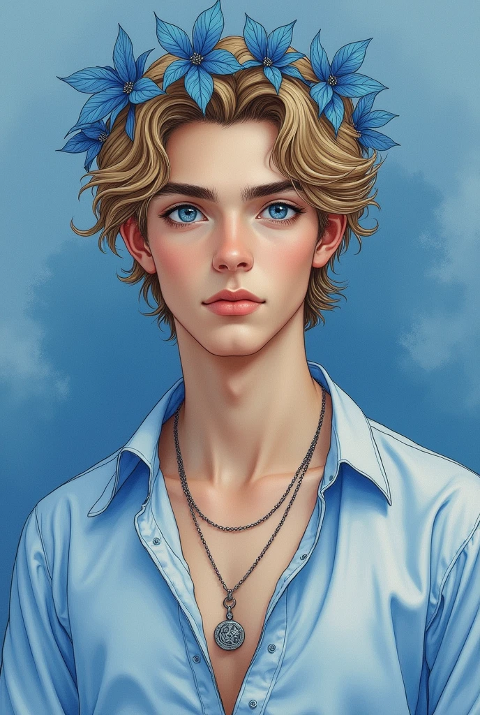 A captivating portrait of a man embodying the essence of the Libra zodiac. His youthful yet wise gaze is framed by a meticulously drawn blue background, symbolizing the tranquil and intellectual nature of the air sign. The man's features are harmoniously balanced, reflecting the scales that represent Libra's inherent sense of justice and equilibrium. He is adorned with a crown of delicate blue leaves, signifying growth and the pursuit of balance in his life. The portrait is rendered in a soft, ethereal style, with light strokes of blue hues blending into the background to create a serene atmosphere. His hair, a mix of blond and brown, is styled with a gentle wave, emphasizing the air element's flow and movement. His attire is simple yet elegant, with a light blue shirt that matches the color scheme, unbuttoned at the collar to reveal a silver medallion, a subtle nod to the metal associated with Libra. The man's expression is a blend of thoughtfulness and kindness, with a hint of a smile playing on his lips, capturing the charm and diplomacy characteristic of those born under this sign. His eyes, a piercing shade of blue-green, are the focal point of the image, reflecting the depth of his inner contemplation and the balance he strives to maintain in his relationships. The overall composition exudes a peaceful aura, inviting viewers to ponder the intricate dance of harmony and decision-making that lies within every Libran soul.