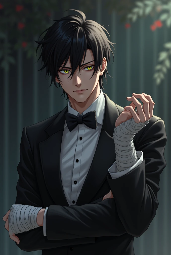 Anime guy. Indifferent. Portrait. Tuxedo. Bandages on hands. Short hair. Frowning brows
