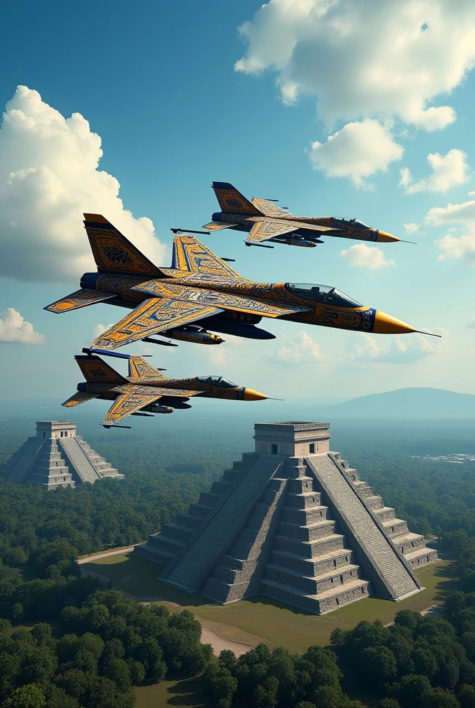 4 f14 planes flying seen from the side with Aztec empire motifs, Aztec pyramids around