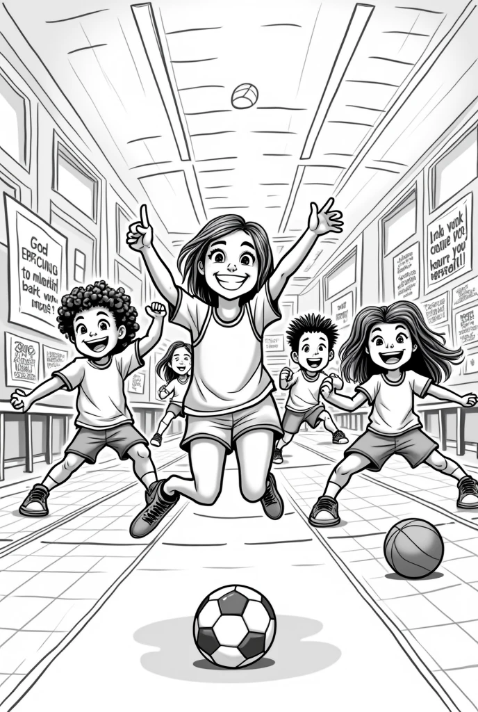 Image à colorier en noir et blanc pour enfants
Thème rentrer scolaire 
Ensemble d’enfants en classe de sport