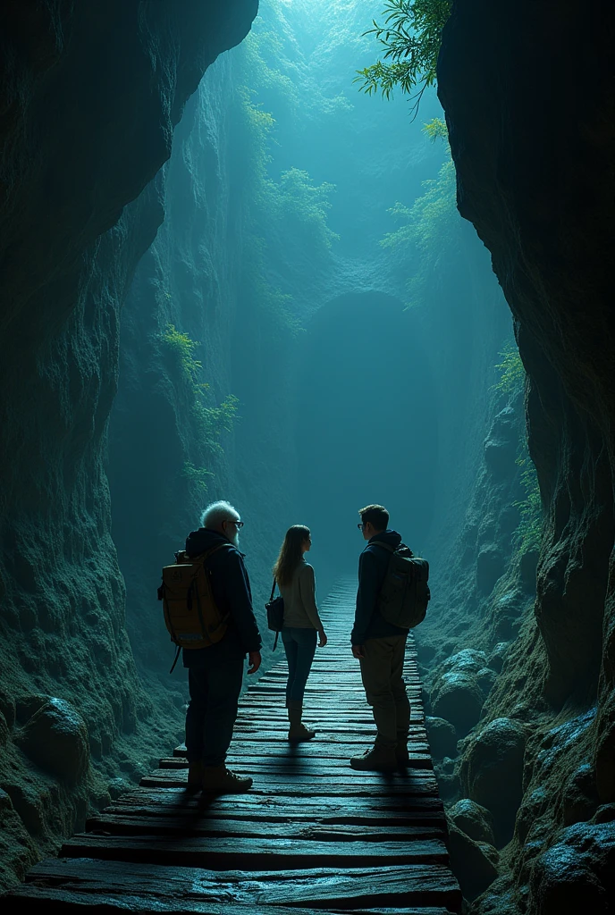 A dark cave with a huge cliff and a wooden bridge connecting the cave exit and the other part of the cave. And there are also three scientists, an old man, a young man and a woman with loose hair about to cross the bridge.

