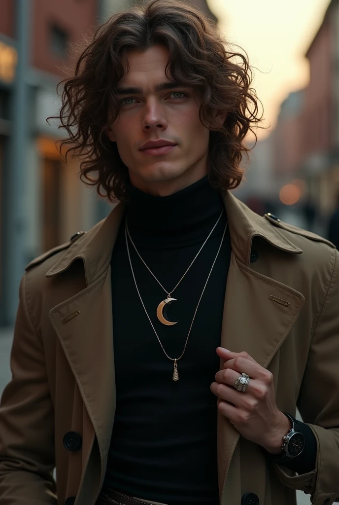 (photorealism:1.2), dark boy, long hair with curls, dimples, sexy smile, High school boy with muscular build, a camera hanging from his neck and half-moon lenses, brown hair and green eyes. unreal beauty. Wear a black turtleneck sweatshirt, black trench coat and black dress pants, like an expensive watch and elegant rings. WEAR HALF MOON LENSES. THAT SHE IS SMILING SEXY AND THE DIMPLES ARE FALLING ASLEEP ON HER CHEEK.
