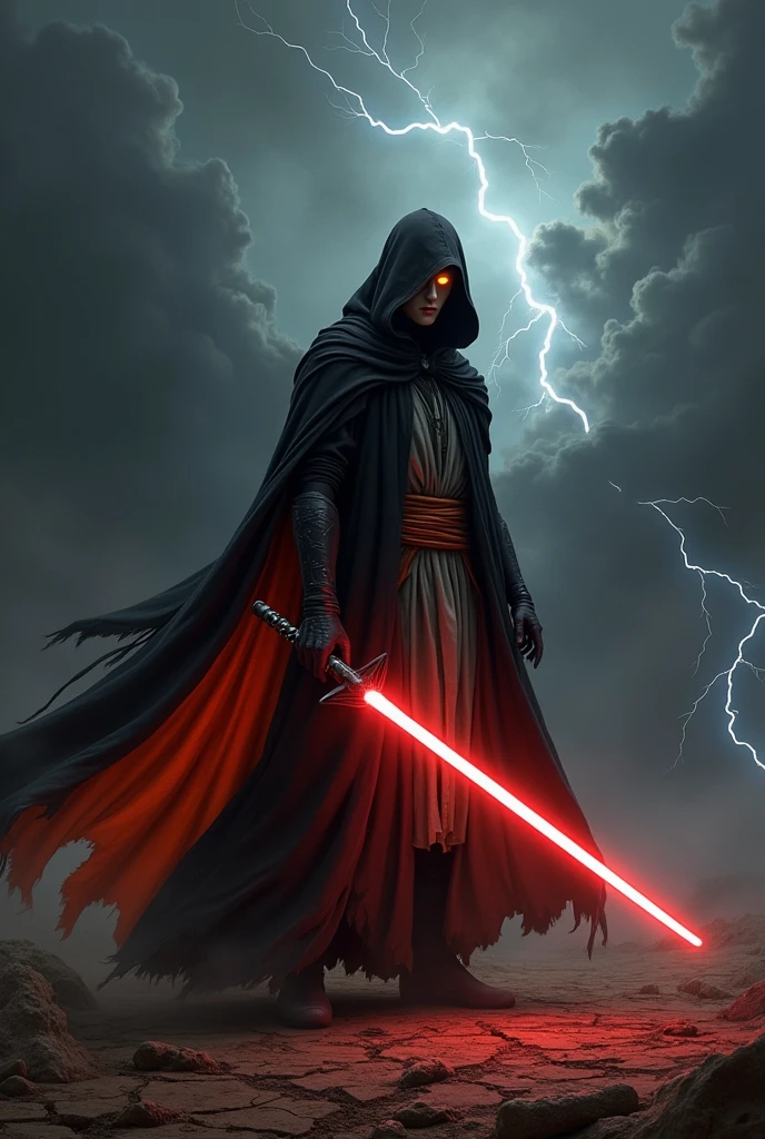The app reddit as a Sith Lord from Star Wars, colors of the app (orange, white, black), red lightsaber, creepy, scary, ultra-realistic