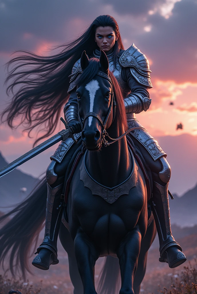 Kaome Higurashi a brave and beautiful warrior who uses a silver armor, black hair, blue eyes and turgid body, He carries a sword on his black horse

