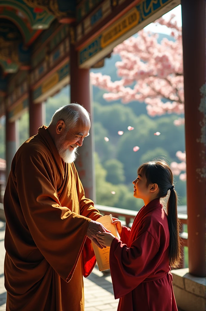 Elderly monk passing scroll to student in Korea