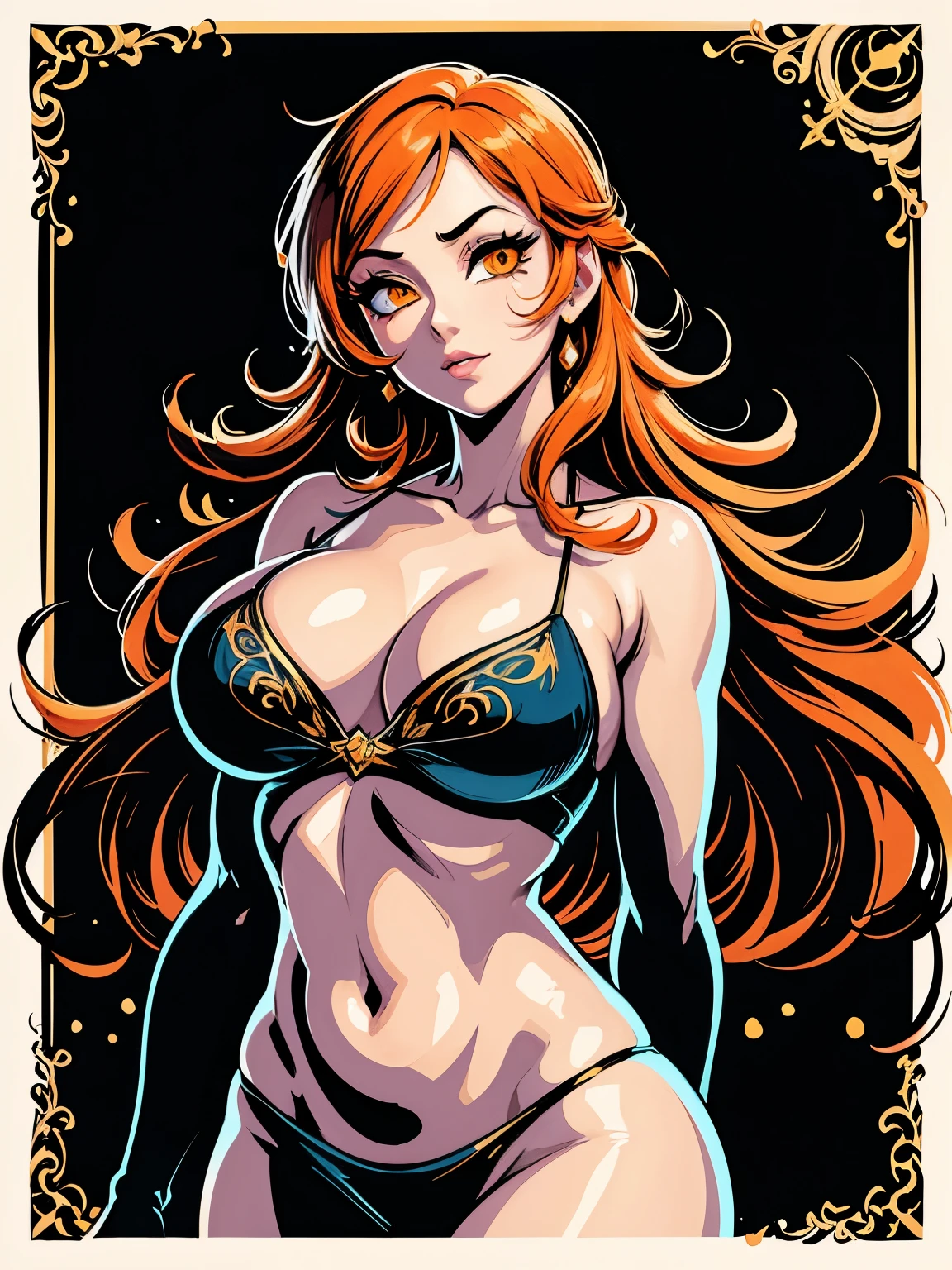 chiaroscuro technique on sensual illustration of an elegant , retro and vintage, matte painting, by Hannah Dale, by Harumi Hironaka, extremely soft colors, vibrant, pastel, highly detailed, digital artwork, high contrast, dramatic, refined, tonal, golden ratio, nami, orange hair, orange eyes, big breasts, cleavage, arms behind back, looking at viewer, portrait, (solid black background),
