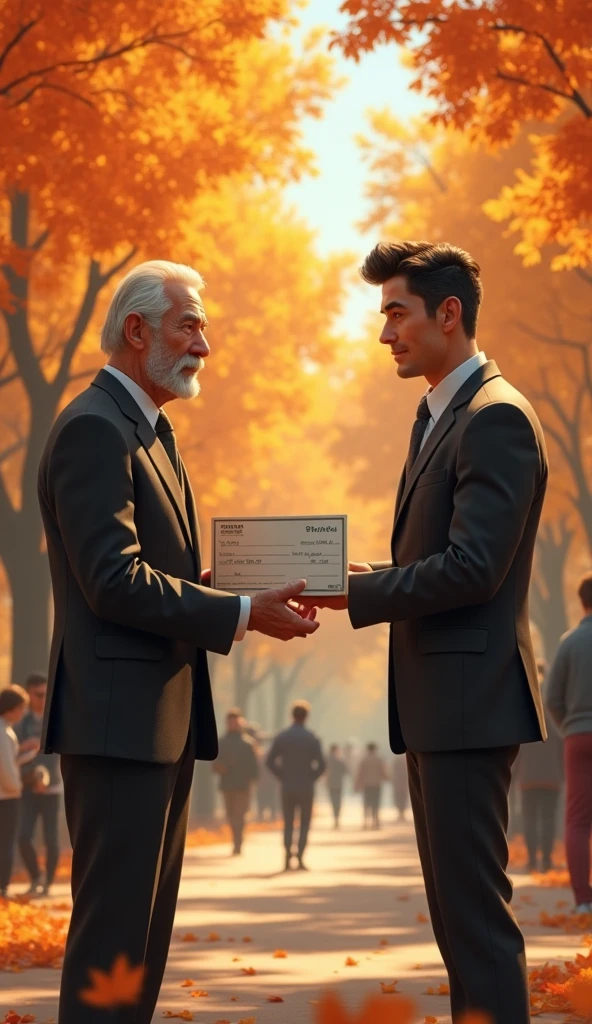 a rich old man giving a sad handsome business man a check at a park, 3d, pixar style, cinematic,masterpiece, aesthetic, realistic