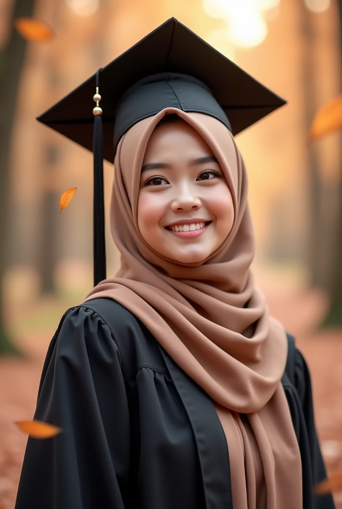 Consept art photography, fan art photography, a women, wearing hijab, pastel brown hijab, wearing black graduation hat, Wearing black graduation gown, wearing pastel blue graduation hood, cute pose, pastel brown theme background, forest background, pastel brown forest background, leaf effect, pastel brown leaf effect, pastel brown lighting effect, volumetric lighting, bokeh, bright results, perfect pose, kawaii design theme