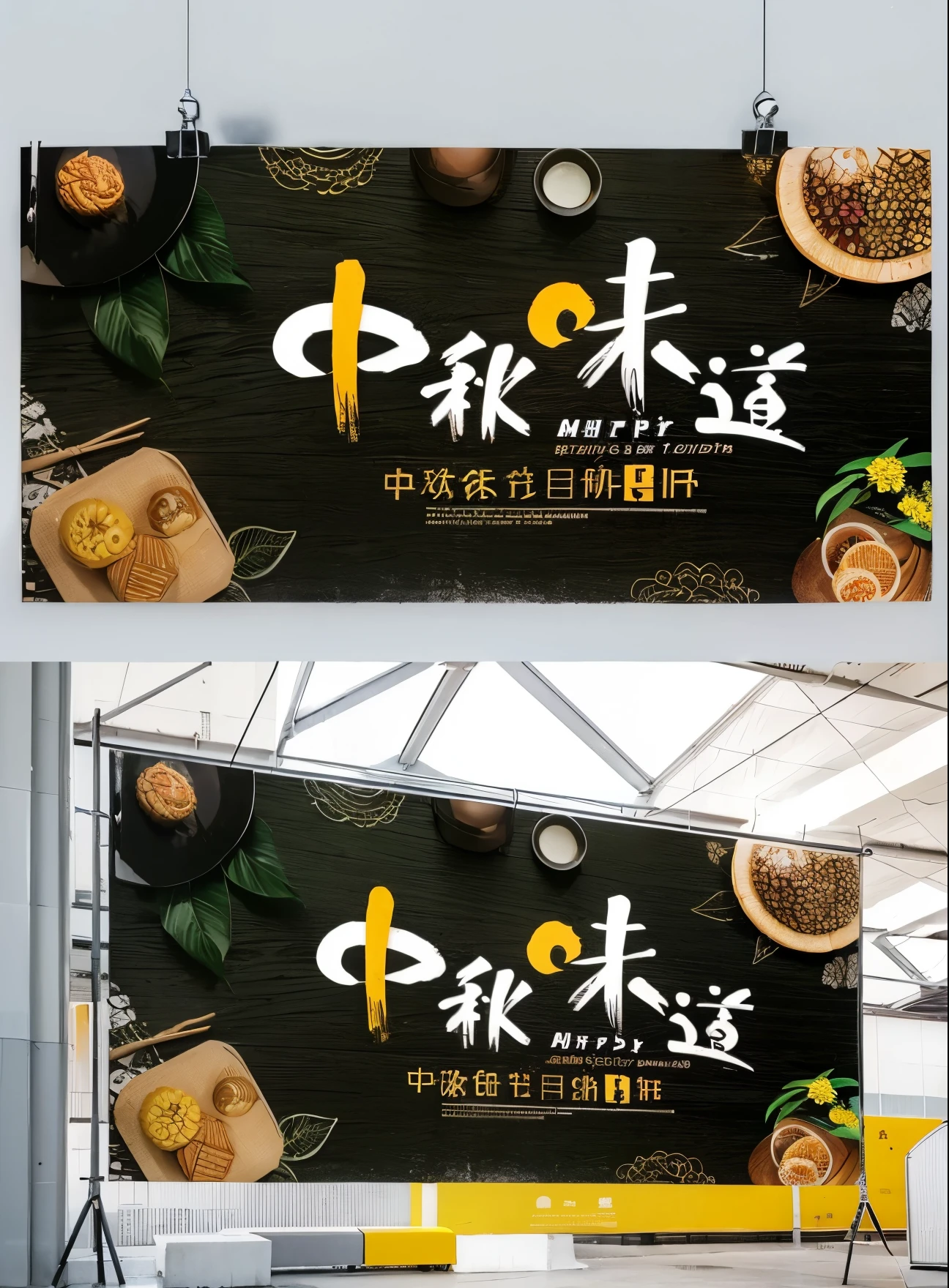 Huge outdoor advertisement for Mid-Autumn mooncakes，Posted on the wall of the MRT station