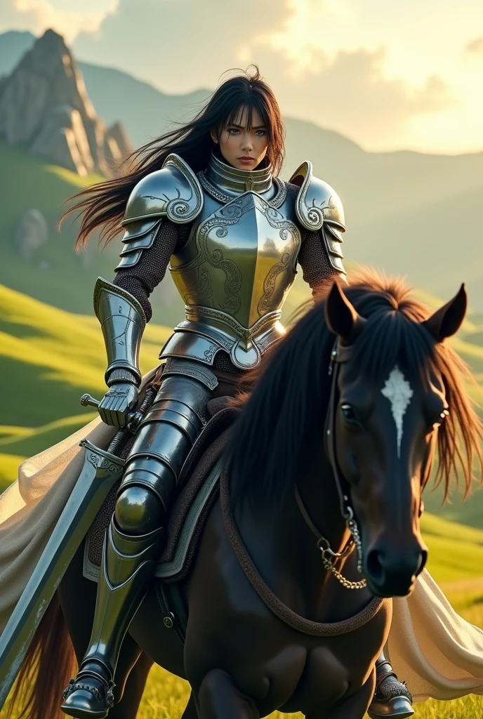 Kaome Higurashi a brave and beautiful warrior who uses a silver armor, black hair, blue eyes and turgid body, He carries a sword on his black horse

