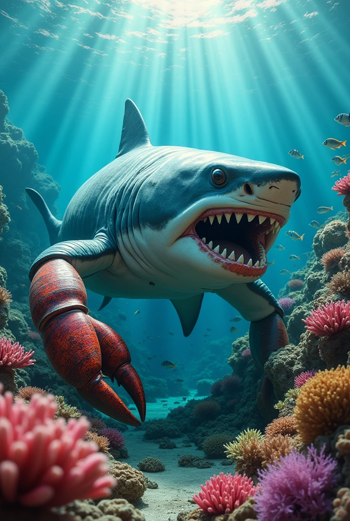 A giant, muscular shark joined with a crab