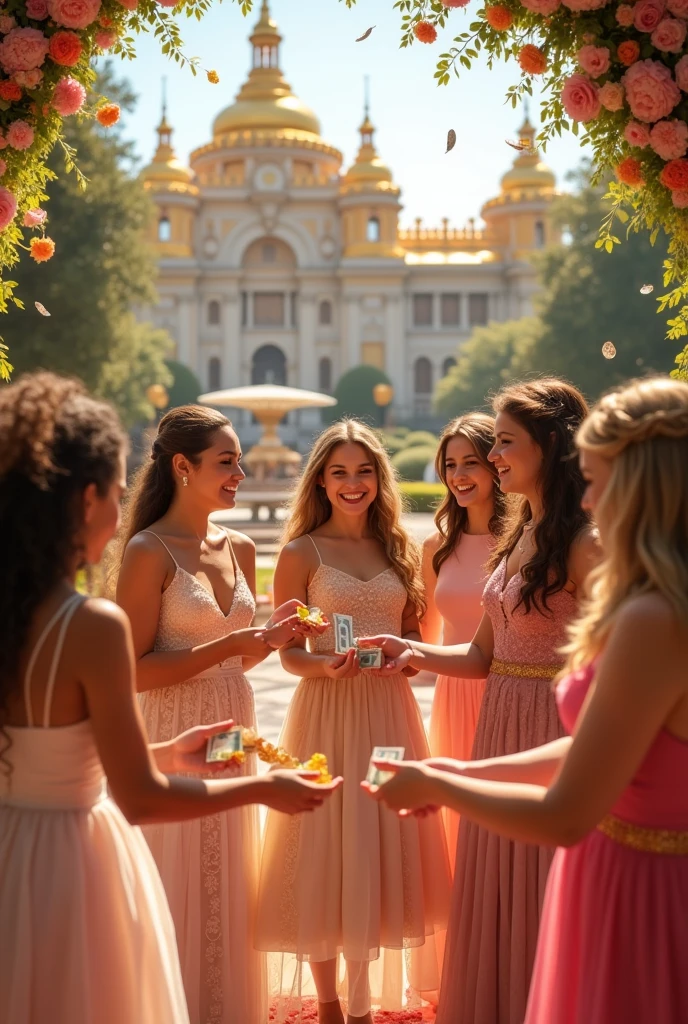 Lot of people girls together rich giving me money happily gold and pink flowers royal background
