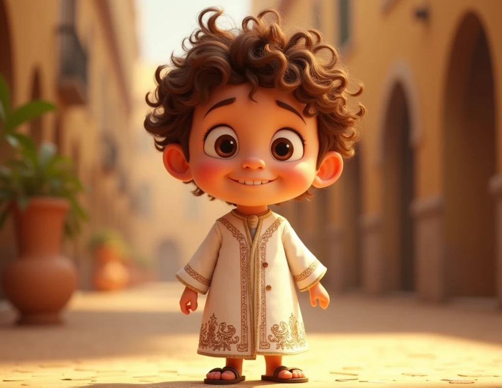 a young jew, Full-body image, 7 , Pixar-style, Caucasian skin, Short curly hair in light brown color, wearing a white Jewish dress, jewish sandal, happy and welcoming expression, detailed facial features, complex clothing folds, warm lighting, film composition, rewarded photography.