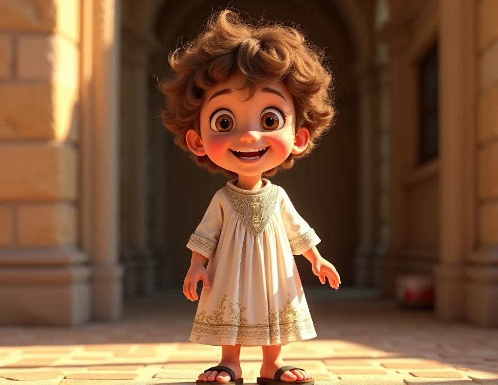 a young jew, Full-body image, 7 years old, Pixar-style, Caucasian skin, Short curly hair in light brown color, wearing a white Jewish dress, jewish sandal, happy and welcoming expression, detailed facial features, complex clothing folds, warm lighting, film composition, rewarded photography.