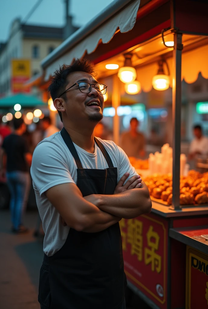{
"prompt": "A street food vendor makes an X shape with his arms and shouts 'No' with a frustrated expression. The background includes a faintly visible grilled chicken cart.",
"aspect_ratio": "9:16"
}