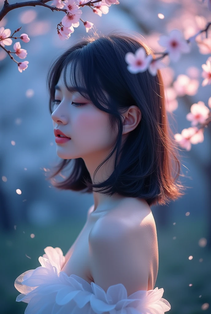 A Korean model with medium hair with bangs in a concept photo for "whisper of moonlight"