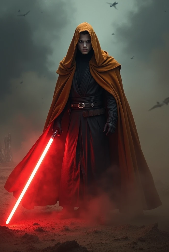 The app reddit as a Sith Lord from Star Wars, colors of the app (orange, white, black), orange black Cape, red lightsaber, creepy, scary, ultra-realistic