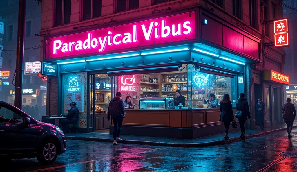 make a cyberpunk coffee house and above the coffee house which is written Paradoxical vibus on it