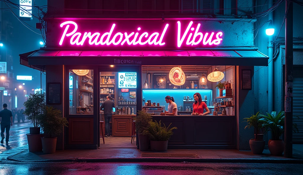 make a cyberpunk coffee house and above the coffee house which is written Paradoxical vibus on it