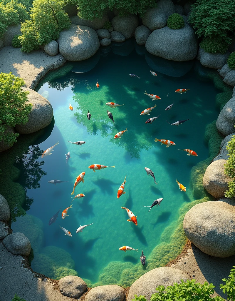 (masterpiece:1.2,Highest quality,Ultra-high resolution,Very detailed,Realistic,Ultra-high resolutionのカメラ),8k,wallpaper,(Shooting the pond from above),(A detailed depiction of the pond bottom with the water surface reflections removed.:2.0),sunny,Japanese garden,Serene landscape,Healing