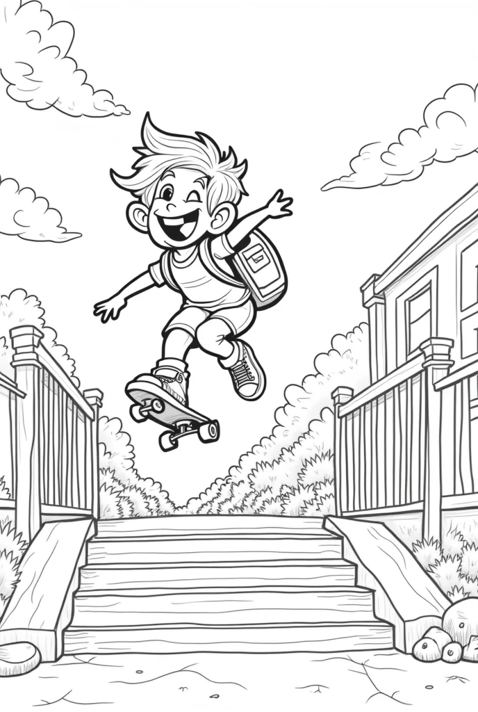 Image à colorier en et blanc pour enfants
Thème rentrer scolaire
Enfant qui saute un ensemble de marches d’escalier avec son skateboard