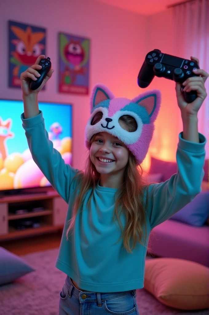 Create an image of a girl wearing kitty masks with a playstation controller in her hand happily raising her hand up