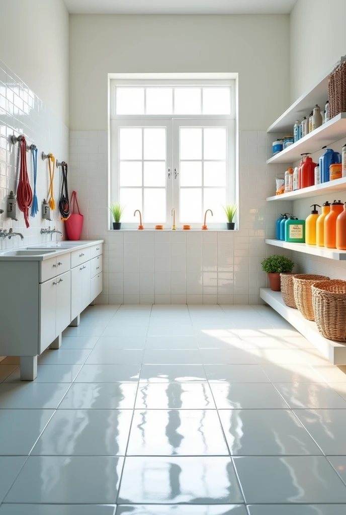 Dog washing room with withe tiles, water hoes hanging in the wall, add dog washing equipment and product make the picture landscape and make the room forwarded 
