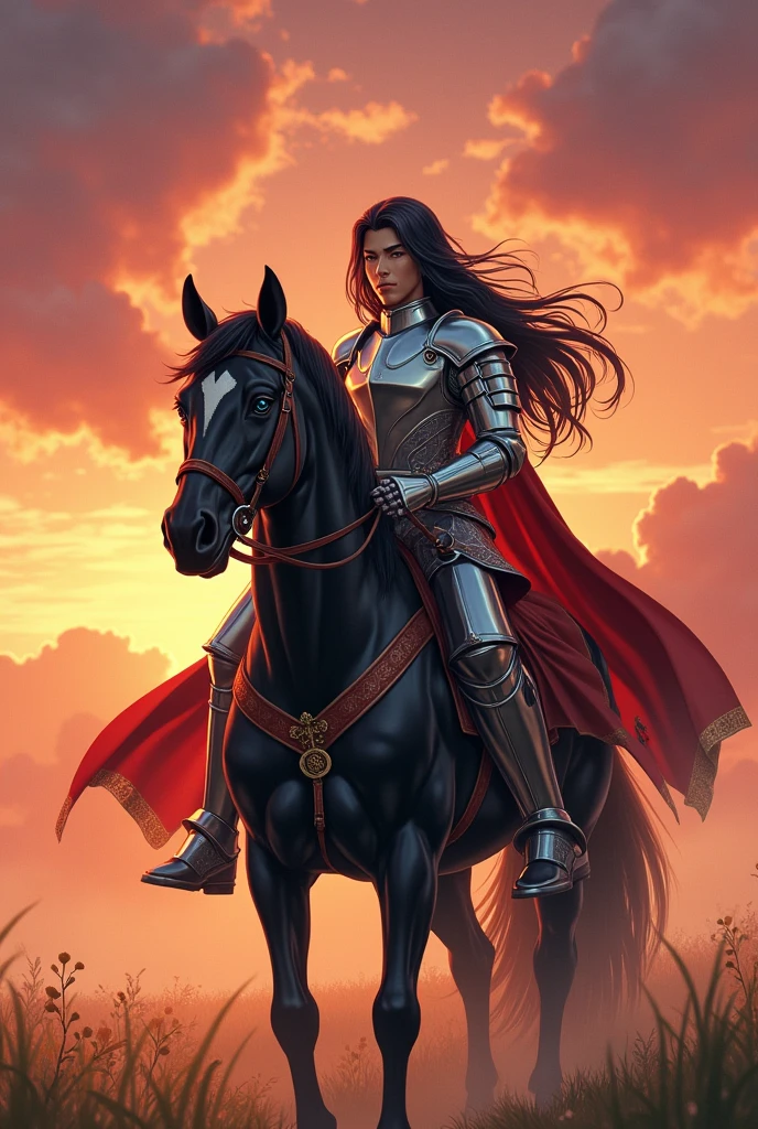 Kaome Higurashi a brave and beautiful warrior who uses a silver armor, black hair, blue eyes and turgid body, He carries a sword on his black horse
