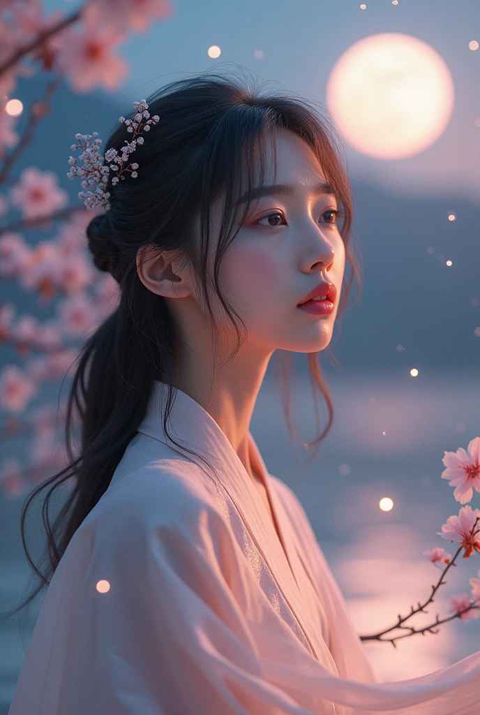 A Korean model with medium hair with bangs in a concept photo for "whisper of moonlight"