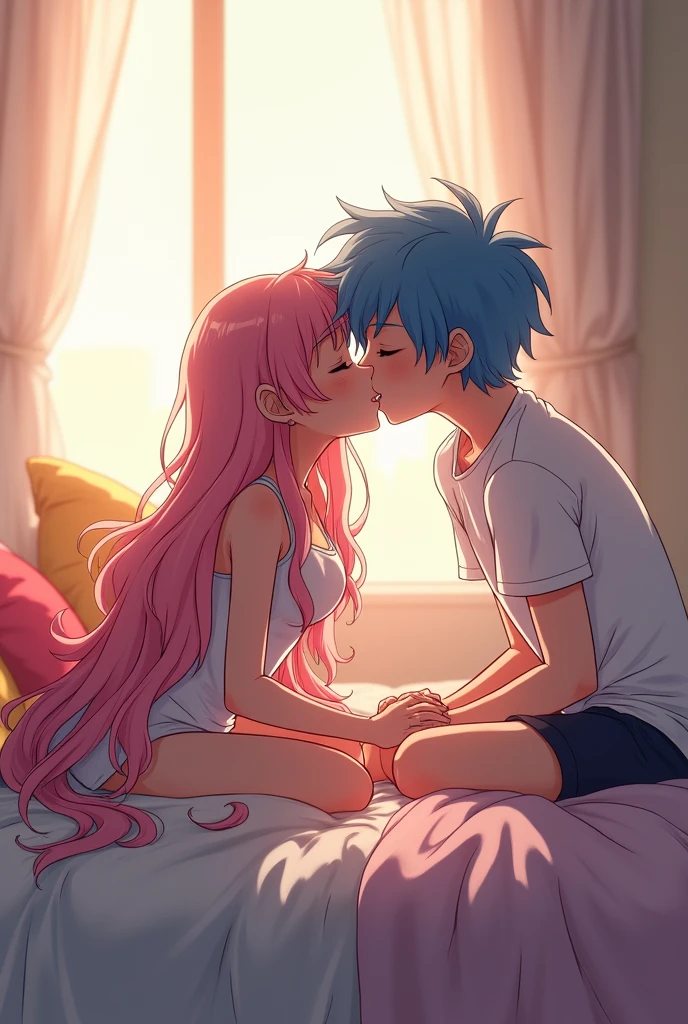 Anime boy kissing his girlfriend in bed