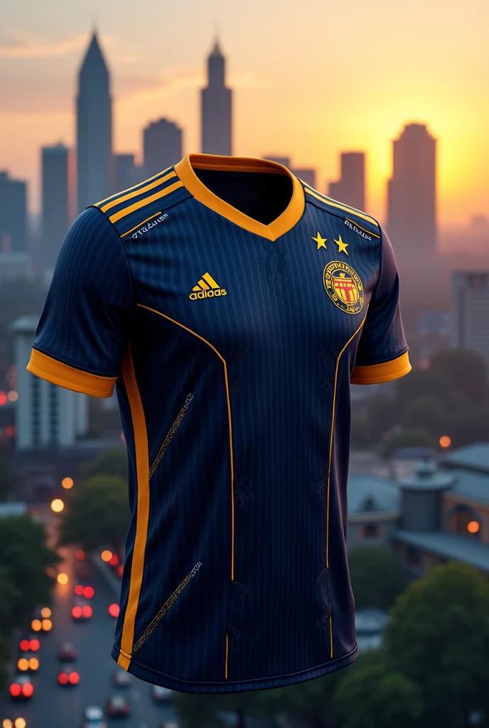 (Photorealism:1.2), atlanta city soccer jersey, dark navy blue with yellow details and well detailed