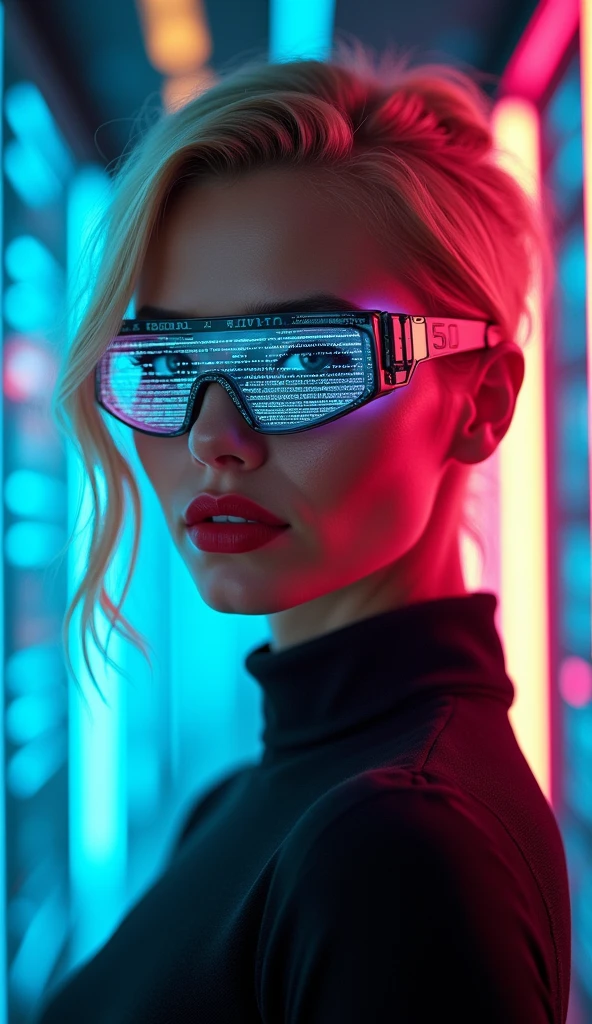 (masterpiece:1.2,Distinguished Quality,Cinematic Experience),8k,Wallpaper,ray tracing,(blonde woman),They are standing full body,(blonde woman,sexy),(Wearing futuristic cyber glasses:2.0,Data displayed on the glasses in matrix mode:2.0,Detailed drawing of the glasses:2.0),(A face with attention to detail.,detailed skin texture,beautiful skin),(looking to the camera),(Forehead),(close up of body posing:2.0),(Server crash:2.0),(The background is a wall of computational data:2.0),(bright lips:1.5)