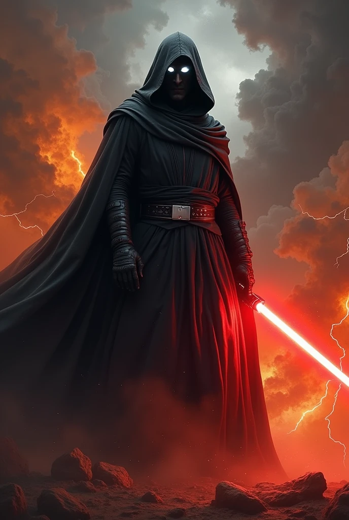The app reddit as a Sith Lord from Star Wars, colors of the app (orange, white, black), orange black Cape, red lightsaber, creepy, scary, ultra-realistic 