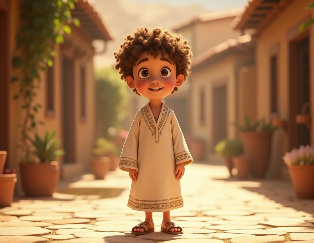 a jew, Full-body image, , Pixar-style, Caucasian skin, Short curly hair in light brown color, wearing a white Jewish dress, jewish sandal, happy and welcoming expression, detailed facial features, complex clothing folds, warm lighting, film composition, rewarded photography.
