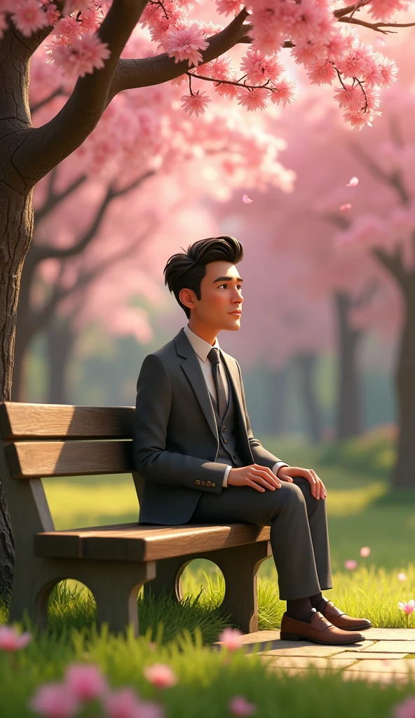 a sad handsome businessman at a park, 3d, pixar style, cinematic,masterpiece, aesthetic, realistic