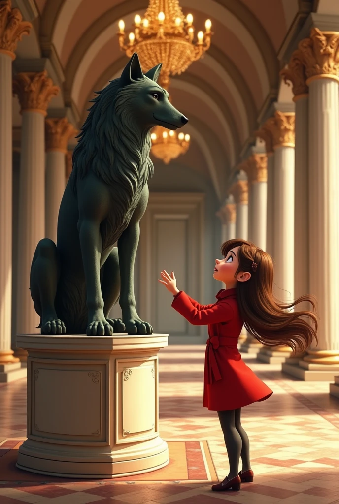 A whimsical animated image of a young woman with brown hair, bright and frightened hazel eyes, Standing in a grand museum gallery between ornate marble columns and intricate tile floors, Surrounded by luxurious chandeliers that cast a warm golden light. She is dressed in a red coat. in front of her, on a pedestal, There is a magnificent statue of an iron wolf. She looks and touches the statue. The general atmosphere is one of quiet wonder., with a
