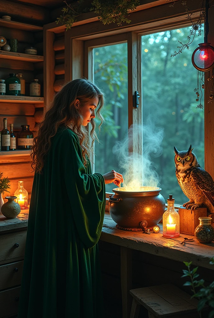 Alchemist Witch in her Cabin in the Woods:
Inside a rustic cabin hidden in the heart of a forest, an alchemist witch is in her laboratory, surrounded by ancient jars and scrolls. the witch, dressed in a dark green velvet cloak, is mixing potions in a steaming cauldron. Shelves in the background are filled with exotic ingredients: dried herbs, crystals, animal eyes and feathers. The soft light of the candles illuminates the environment, creating dancing shadows on wooden walls, where esoteric symbols are engraved. The open window reveals the dense forest and a starry night sky. an owl, with glowing eyes, watches everything from a nearby perch.