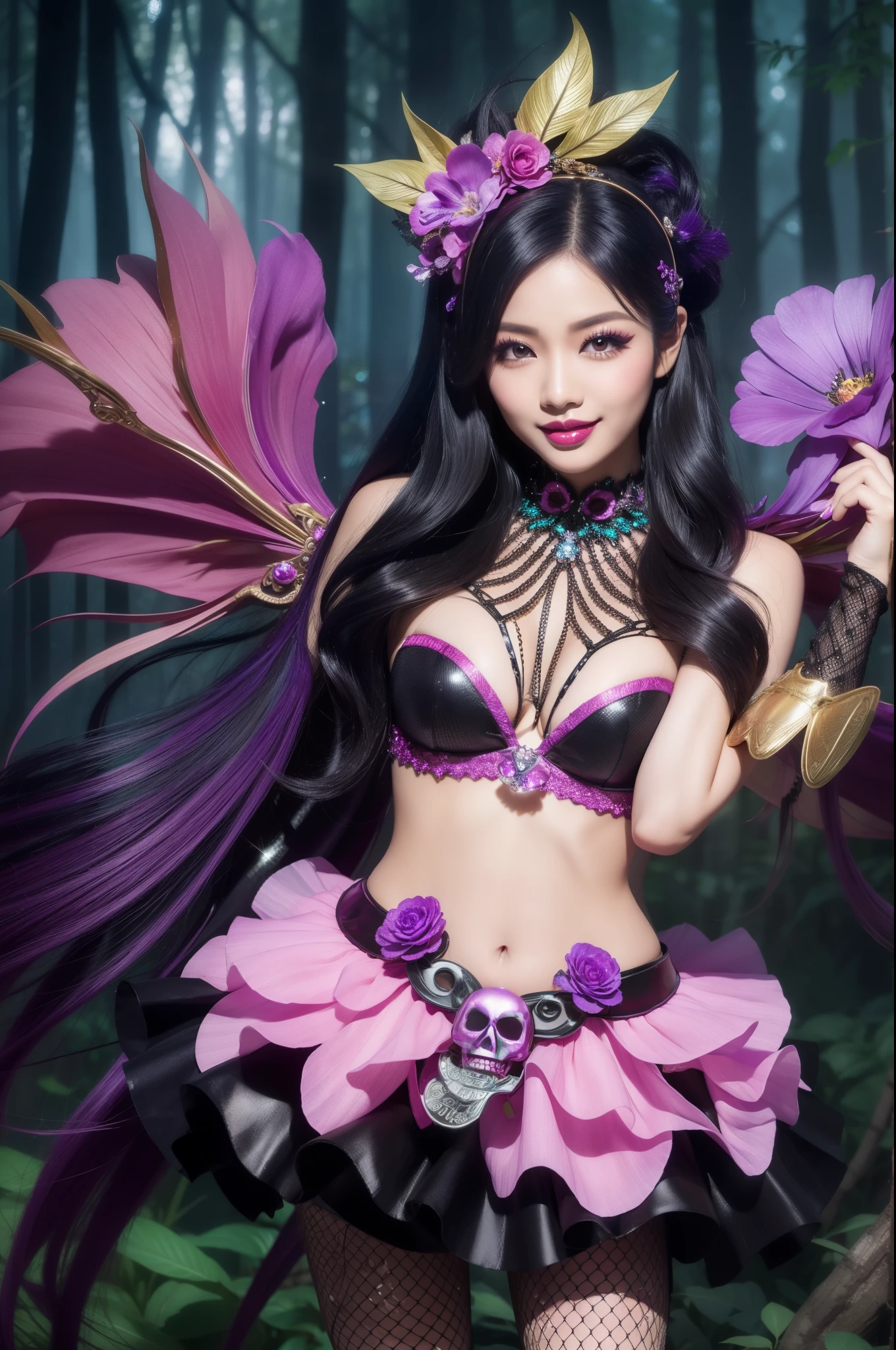 sexy Indonesian Model who controls poison、happy smile、glossy lipstick、long lashes、smokey eyeshadow、look at the camera、full body Esbian、、sparkling poisoned flower costume、、、、shiny sparkling multicolor hair、secrete poison、skull hair accessories、fishnet tights、shiny sparkling dark magic forest background