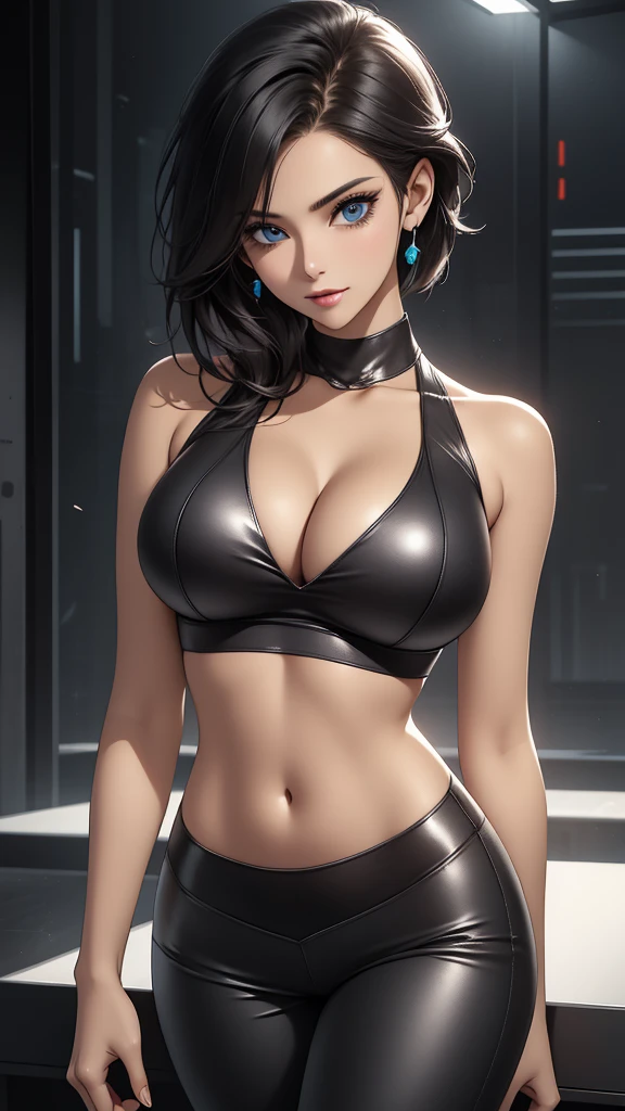 Futuristic, neon, Sexy, cool, young woman, bob hair, killer looks, sexy sleeveless micro sports bra top, wide deep cleavage, perfect firm voluptuous breasts, professional makeup, cool expression, charismatic, stunning, sensual, sexual