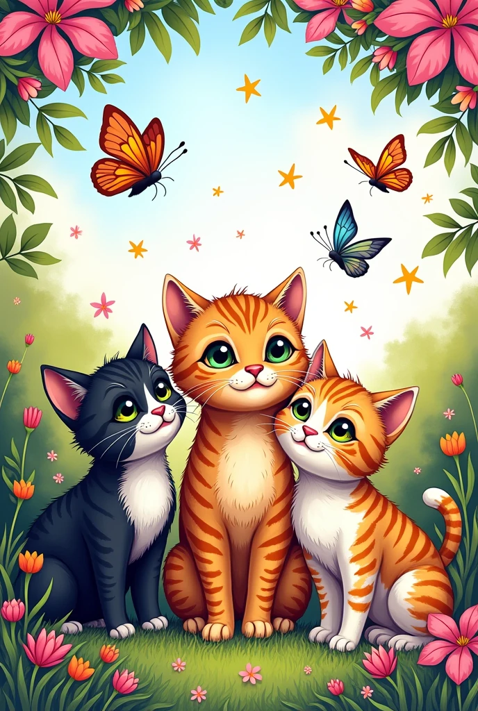 CREATE A COLOR PAGE OF THE FOLLOWING TEXT ONCE UPON A TIME THERE WAS A CAT, two cats... THAT BECAME THREE